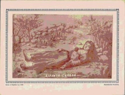 Figura 7. Tarjeta de 24 x 18 cm, titulada "Difunta Correa", firmada "H. Rodrigo - S. Juan 1968". Está impresa en cartulina que fue blanca, con dibujos en color marrón rojizo y guarda azul oscuro. Es la única figura de DC que conocemos donde ella conserva los rasgos plácidos pero sus ropa y la del niño están en jirones. Su poca difusión puede deberse, precisamente, a ese realismo en la representación.