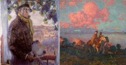 Bernaldo de Quirós, entrerriano, autorretrato de 1934 y una de sus obras: "Cabalgando al amanecer".