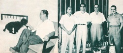 Juan Perón en el exilio: con uno de sus caniches, ex asilado político en la Embajada de Haití y con compañeros argentinos (y la foto de Evita) en Santo Domingo.